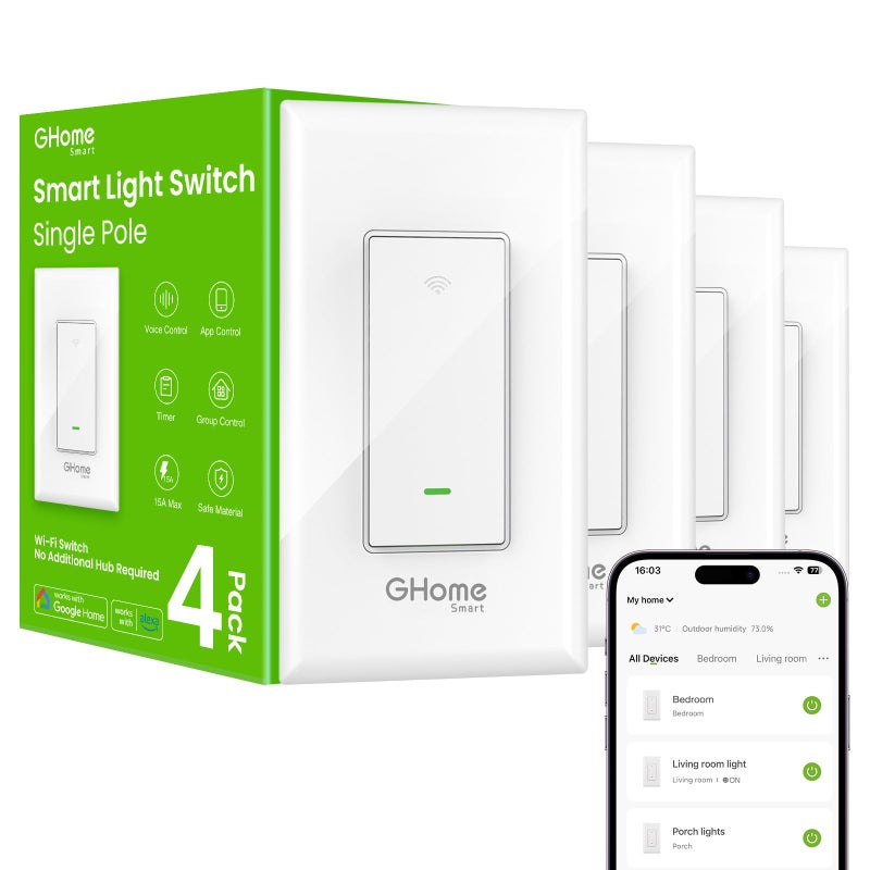 GHome Smart Switches for Lights, WiFi Smart Light Switch Works with Alexa and Google Home, Single-Pole, Neutral Wire Required, 2.4Ghz WiFi Light Switch with APP Control, No Hub Required, UL FCC Listed - Image 1