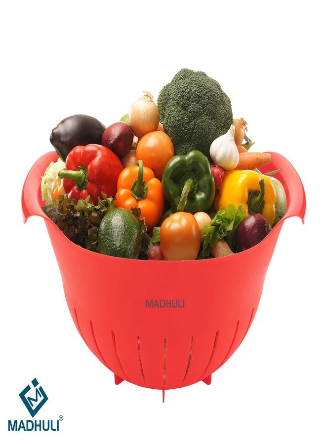 Madhuli Premium Plastic 11 Inch Multi Color Rice Bowl Rice Pulses Fruits Vegetable Noodles Pasta Washing Bowl & Strainer Perfect for Storing,Straining,Colander Pack of 3 Red - Image 3