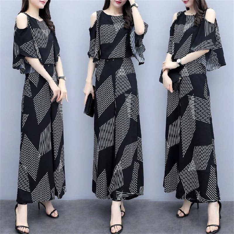 Fashion Summer Loose Fit Off-Shoulder Top and Wide Leg Pants Set for Women Picture color 