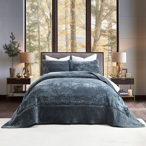 AJOCCI Velvet California King Size Quilt, Oversized California Comforter Set Stormy Blue Bedding Comforter Sets (118”*106”) with 2 Pillow Shams, Luxurious Quilt Set,All-Season 3 Pieces - Image 1