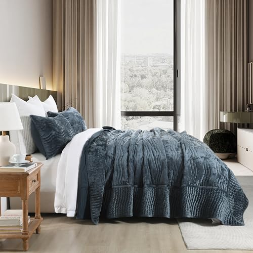 AJOCCI Velvet California King Size Quilt, Oversized California Comforter Set Stormy Blue Bedding Comforter Sets (118”*106”) with 2 Pillow Shams, Luxurious Quilt Set,All-Season 3 Pieces - Image 2