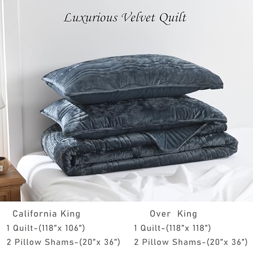 AJOCCI Velvet California King Size Quilt, Oversized California Comforter Set Stormy Blue Bedding Comforter Sets (118”*106”) with 2 Pillow Shams, Luxurious Quilt Set,All-Season 3 Pieces - Image 5