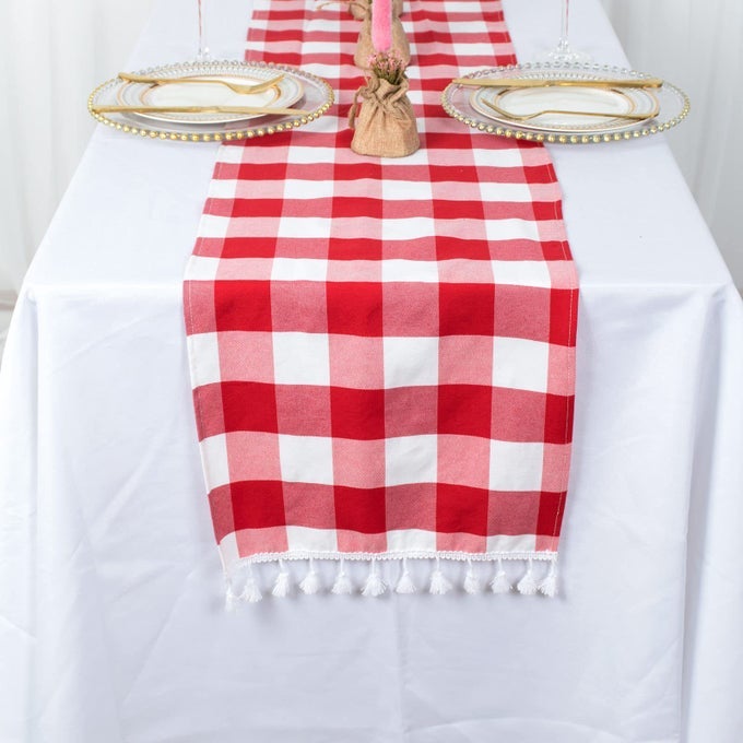 BUFFALO CHECK TABLE RUNNER 14X72 INCH RED AND WHITE PLAID COTTON BLEND TABLE COVER
