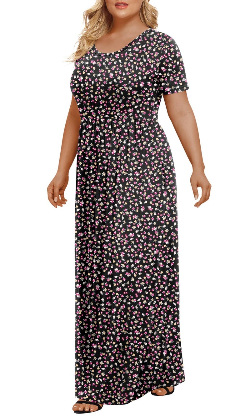 LONGYUAN Women's Plus Size Maxi Dresses for Curvy Women Summer Short Sleeve Casual 2026 Long Dress Black Fl 2XL - Image 2