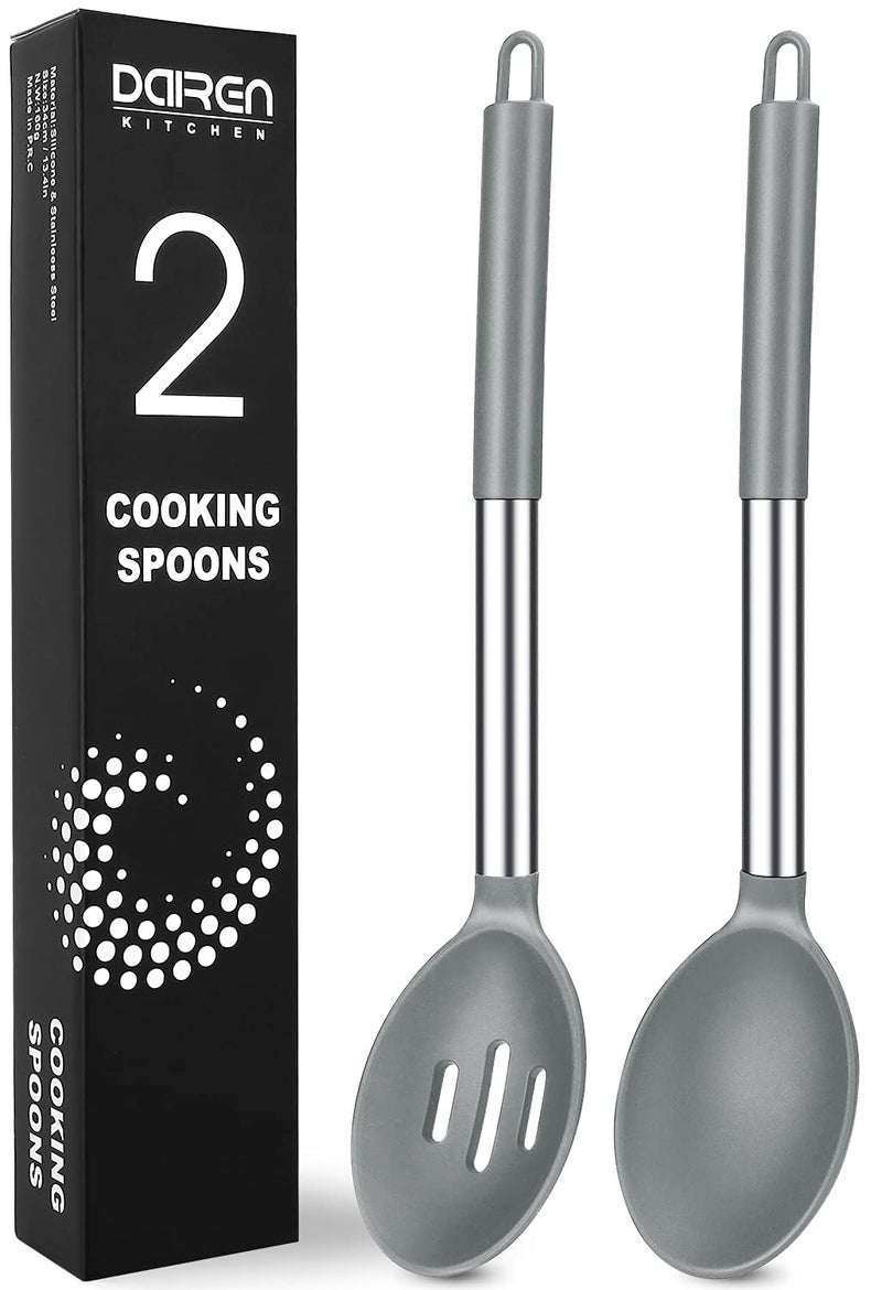 DaiRen Kitchen Pack of 2 Large Silicone Cooking Spoons, Non-Stick Stainless Steel Slotted and Solid Spoon Set for Serving, Mixing, Draining, Heat Resistant, Scratch Resistant and BPA Free Kitchen Scoops (Grey) - Image 1