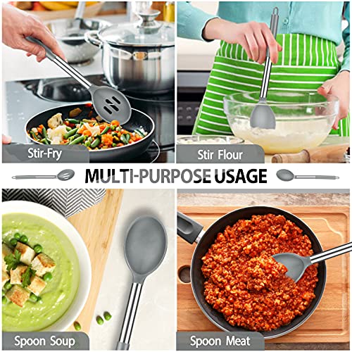 DaiRen Kitchen Pack of 2 Large Silicone Cooking Spoons, Non-Stick Stainless Steel Slotted and Solid Spoon Set for Serving, Mixing, Draining, Heat Resistant, Scratch Resistant and BPA Free Kitchen Scoops (Grey) - Image 4