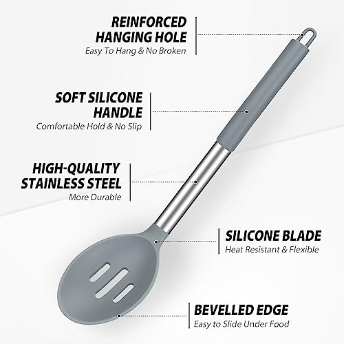 DaiRen Kitchen Pack of 2 Large Silicone Cooking Spoons, Non-Stick Stainless Steel Slotted and Solid Spoon Set for Serving, Mixing, Draining, Heat Resistant, Scratch Resistant and BPA Free Kitchen Scoops (Grey) - Image 3