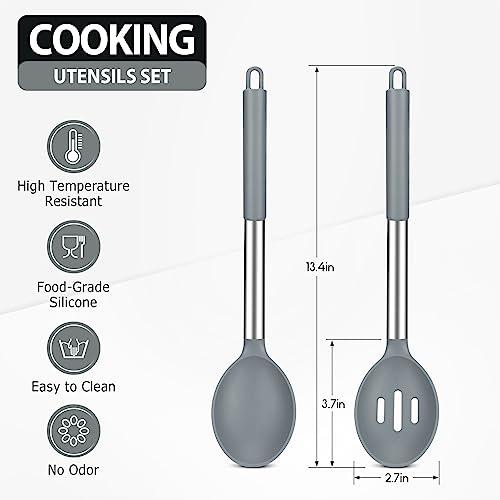 DaiRen Kitchen Pack of 2 Large Silicone Cooking Spoons, Non-Stick Stainless Steel Slotted and Solid Spoon Set for Serving, Mixing, Draining, Heat Resistant, Scratch Resistant and BPA Free Kitchen Scoops (Grey) - Image 2