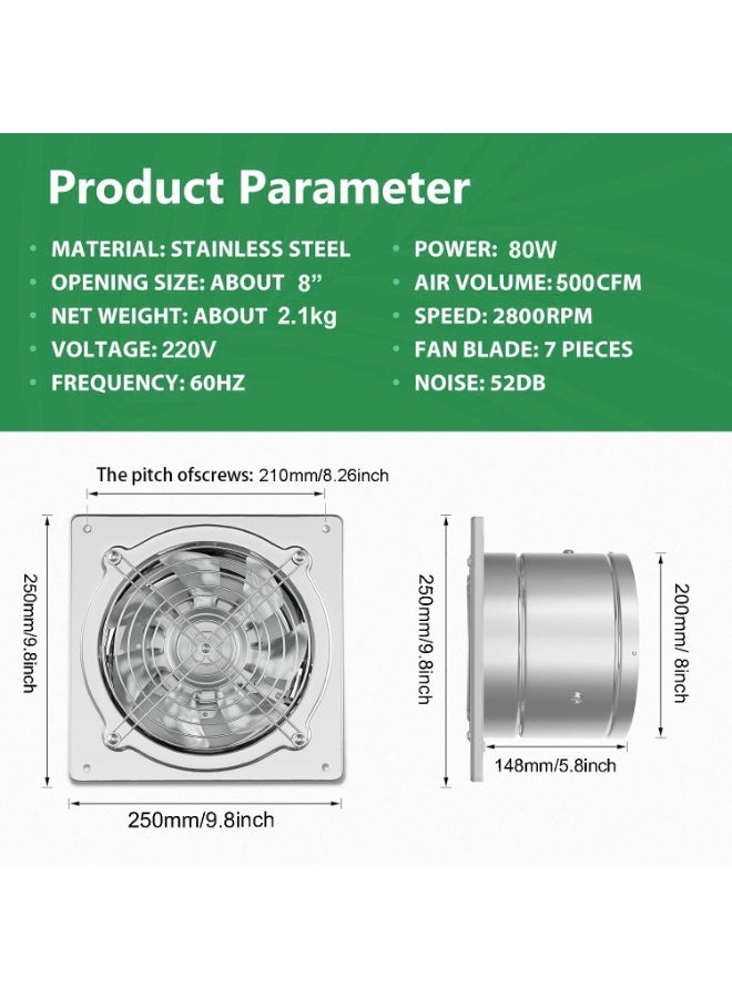 S-Color Exhaust Fan 8 inch/20.0CM Metal Extractor Fan 80W 500CFM Through-wall Installation Ventilation Fan Smoke Ventilation for Kitchen, Bathroom,laundry, Garage Black, with Backdraft Damper Silver - Image 2