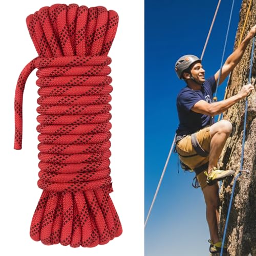 White Tech Climbing Rope (10.5mm 50Mtr) 23KN Breaking Strength Ideal for Rock Climbing, Rappelling Rope, Rescue and Safety Durable Construction Work Braided (Red) - Image 1