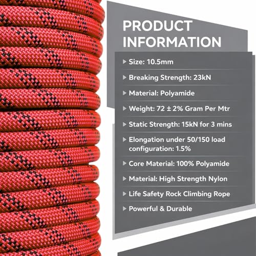 White Tech Climbing Rope (10.5mm 50Mtr) 23KN Breaking Strength Ideal for Rock Climbing, Rappelling Rope, Rescue and Safety Durable Construction Work Braided (Red) - Image 2