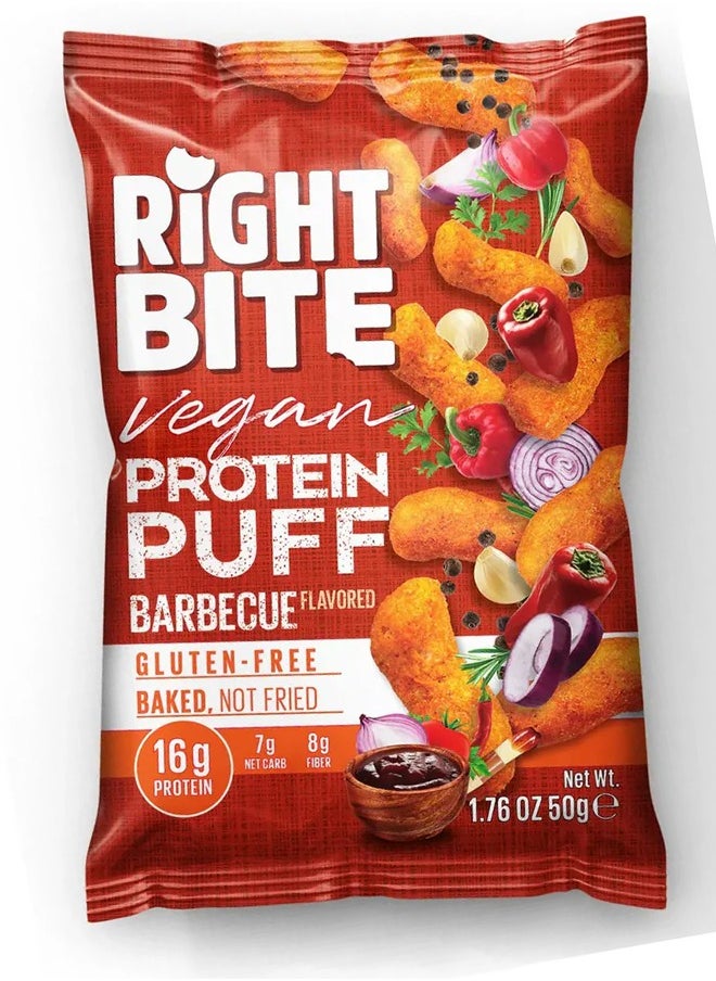 Right Bite Vegan Protein Puff, Gluten Free, Baked Not Fried 16g Protein 50g (PACK OF 4, BARBEQUE)