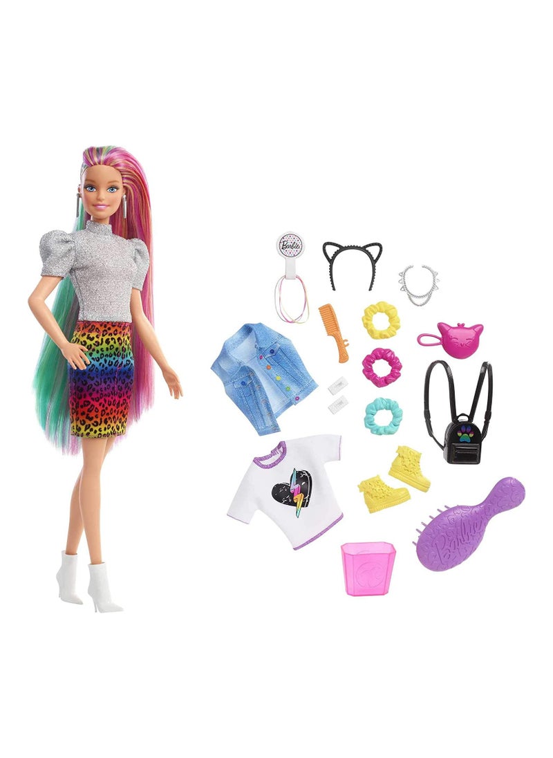 Barbie Leopard Rainbow Hair Doll Skirt 