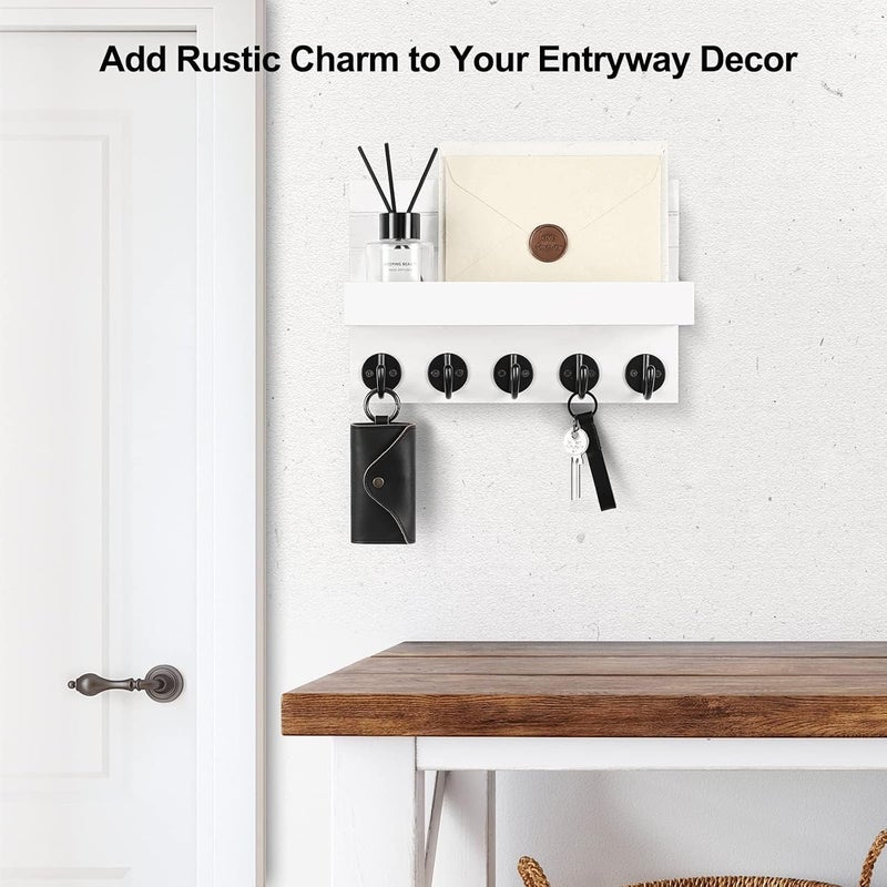 Emapoy Key Holder Hanger, Decorative Mail Organizer, Wood Key Hanger With Mounting Hardware, Decorative Key And Mail Holder, With Shelf Has Large Key Hooks For Coats And Key (White) - Image 3