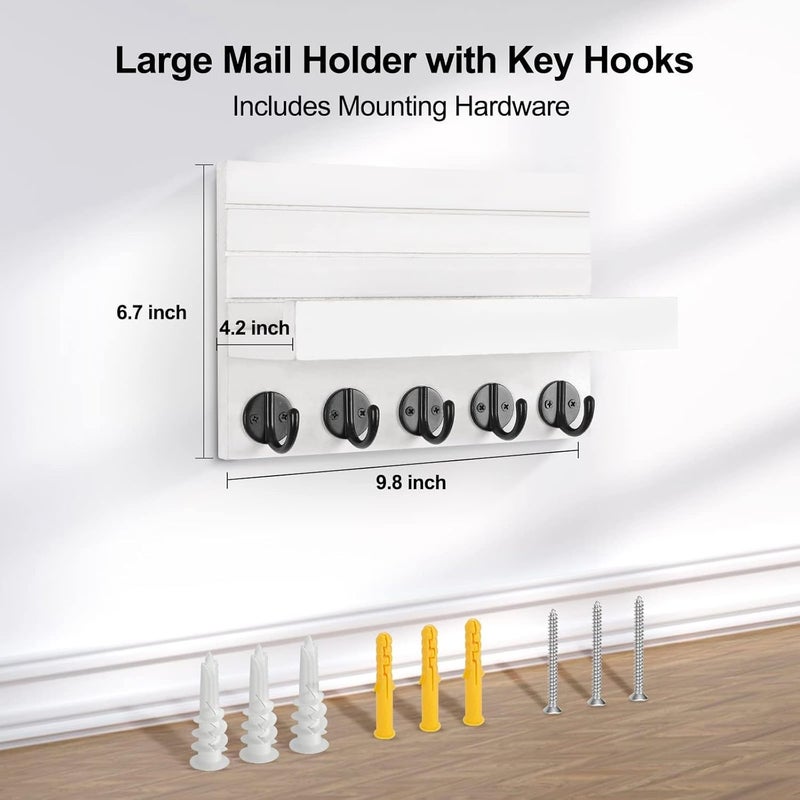 Emapoy Key Holder Hanger, Decorative Mail Organizer, Wood Key Hanger With Mounting Hardware, Decorative Key And Mail Holder, With Shelf Has Large Key Hooks For Coats And Key (White) - Image 5
