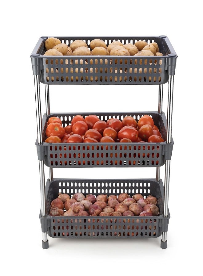 SHRUTI Plastic-Stainless Steel Fruit & Vegetable 4 Stand Kitchen Trolley | Fruit Basket | Vegetable Basket | Onion Potato aloo pyaz Rack for Kitchen (2 Layer) (Grey) - Image 4