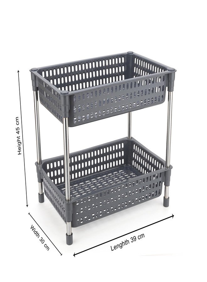 SHRUTI Plastic-Stainless Steel Fruit & Vegetable 4 Stand Kitchen Trolley | Fruit Basket | Vegetable Basket | Onion Potato aloo pyaz Rack for Kitchen (2 Layer) (Grey) - Image 2