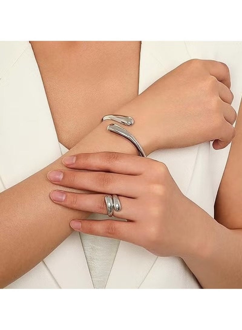 Huitich Irregular Wave Cuff Bracelet – Fluid Design in Silver Tone colour  - Image 3