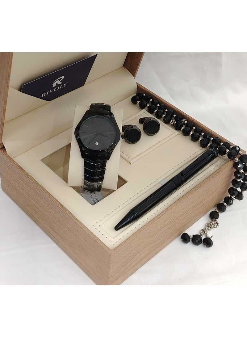 RR A wonderful stainless steel men's set consisting of a watch, a rosary, a pen and cufflinks half steel