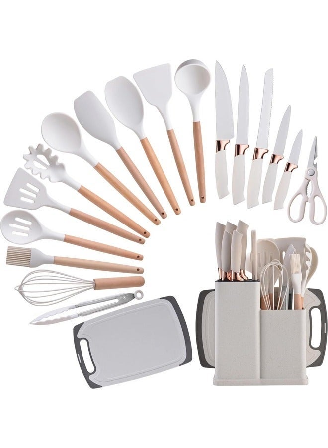 مجموعة أدوات طبخ غير لاصقة مكونة من 19 قطعة من أدوات المطبخ وأدوات الطبخ المصنوعة من السيليكون مع سكاكين من الفولاذ المقاوم للصدأ وأدوات الطبخ المصنوعة من السيليكون مع حامل (أبيض) - Image 1