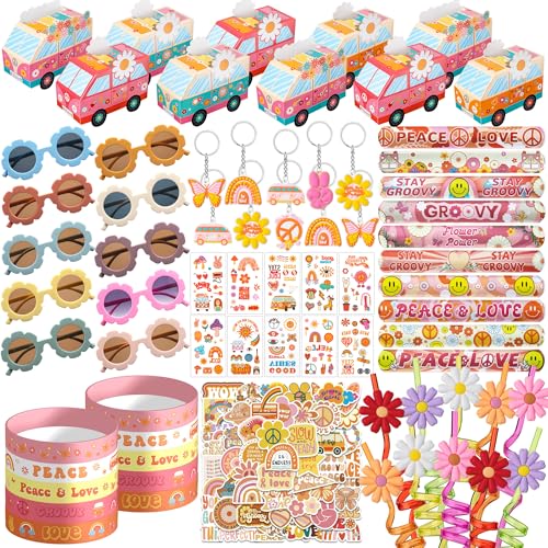 DMIGHT 120PCS Groovy Party FavorsIncludes Bus Boxes Retro Flower Sunglasses Temporary Tattoos Stickers Slap Bracelets Keychains Plastic Straws Silicone Bracelets For Boho Hippie Birthday Party - Image 1