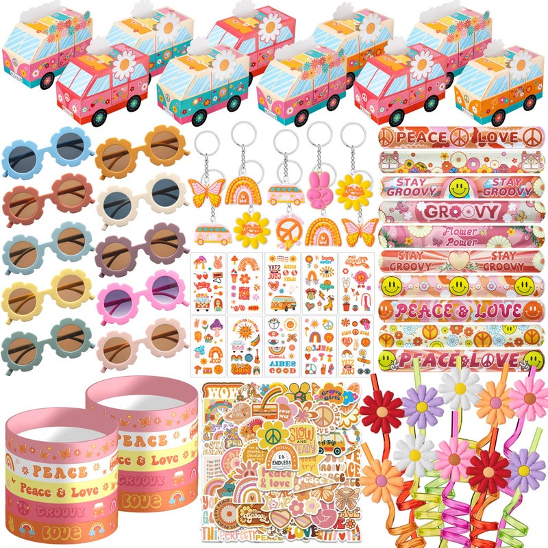 DMIGHT 120PCS Groovy Party FavorsIncludes Bus Boxes Retro Flower Sunglasses Temporary Tattoos Stickers Slap Bracelets Keychains Plastic Straws Silicone Bracelets For Boho Hippie Birthday Party - Image 2