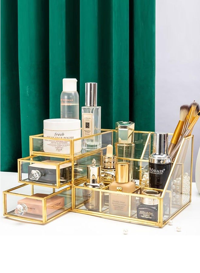 Glass Makeup Organizer Cosmetic Storage Box Skincare Display Rack with Drawers for Bathroom Vanity Bedroom Dresser Countertop Jewelry Box - Image 1