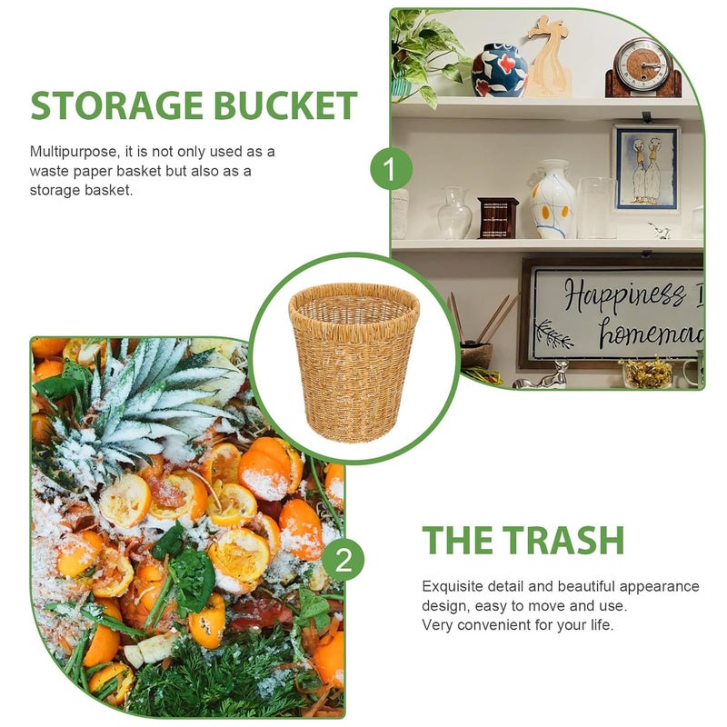 Healeved Woven Rattan Trash Basket Plastic Wastebasket for Kitchen and Bedroom, Sundries Storage Organizer, Lightweight Home Office Garbage Can - Image 3