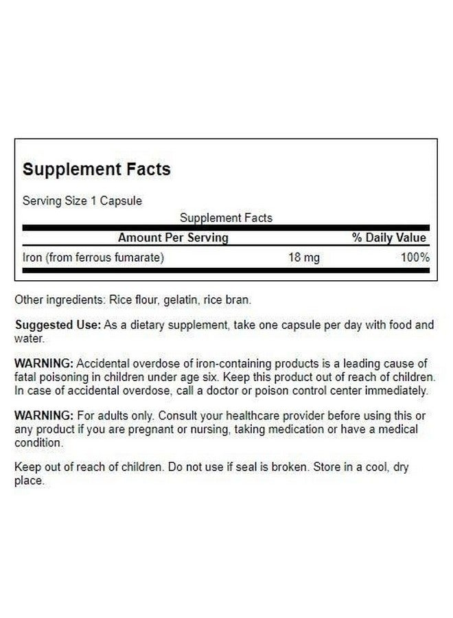 Swanson Iron (Ferrous Fumarate) - Mineral Supplement Promoting Energy Support - High-Concentration Formula Assists in Oxygen Delivery & Fatty Acid Metabolism - (60 Capsules, 18mg Each) - Image 2