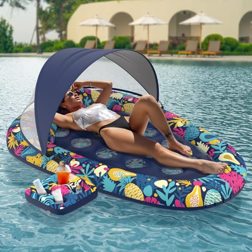Sunikko X 3in1 Pool Floats with Canopy Cup Holder Large 73 x 48 Pool Floats Adults Heavy Duty Inflatable Lounger Raft Floating Chair with Backrest Swimming Pool Lake Beach Pool Party - Image 1