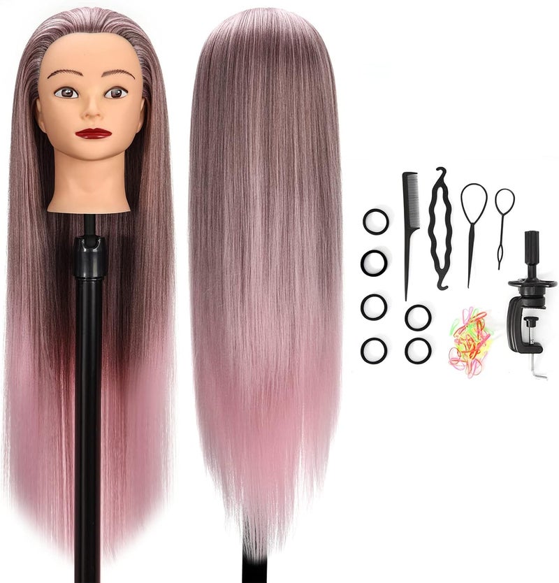 Mannequin Head Hairdressing Traning Head Hairdresser2628 Inch 100 Synthetic Fiber Cosmetology Doll Head with Clamp HolderHair Accessoires SetPresents for GirlsGradient Pink