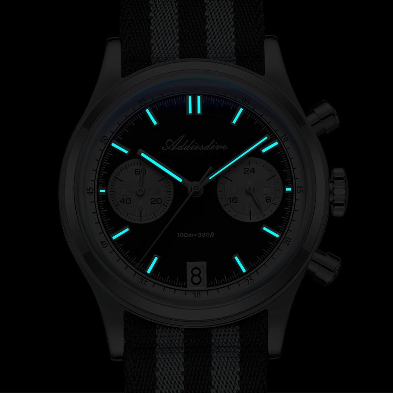ADDIESDIVE Quartz Chronograph Watch 100 M Waterproof BGW9 Luminous 316L Stainless Steel Panda Dial Sport Watches for Men Nylon Strap - Image 4