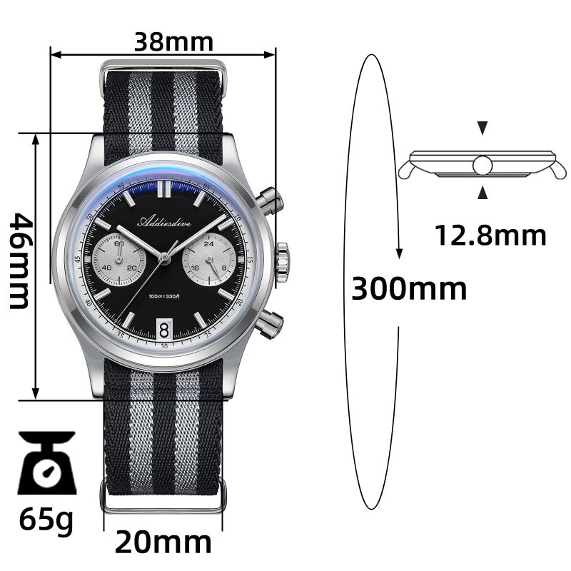 ADDIESDIVE Quartz Chronograph Watch 100 M Waterproof BGW9 Luminous 316L Stainless Steel Panda Dial Sport Watches for Men Nylon Strap - Image 2