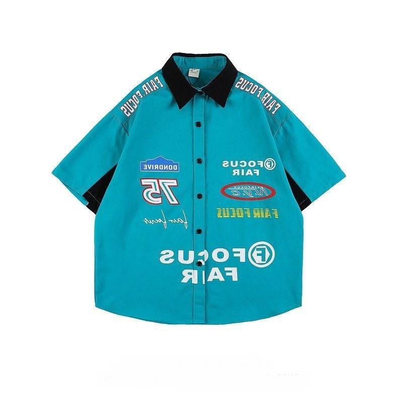 Generic Fried Street Ins Summer Motorcycle Retro Thin American Style Trendy Brand hiphop Shirt Mens Short Sleeve Racing Suit Loose Shirt 65 blue printed style