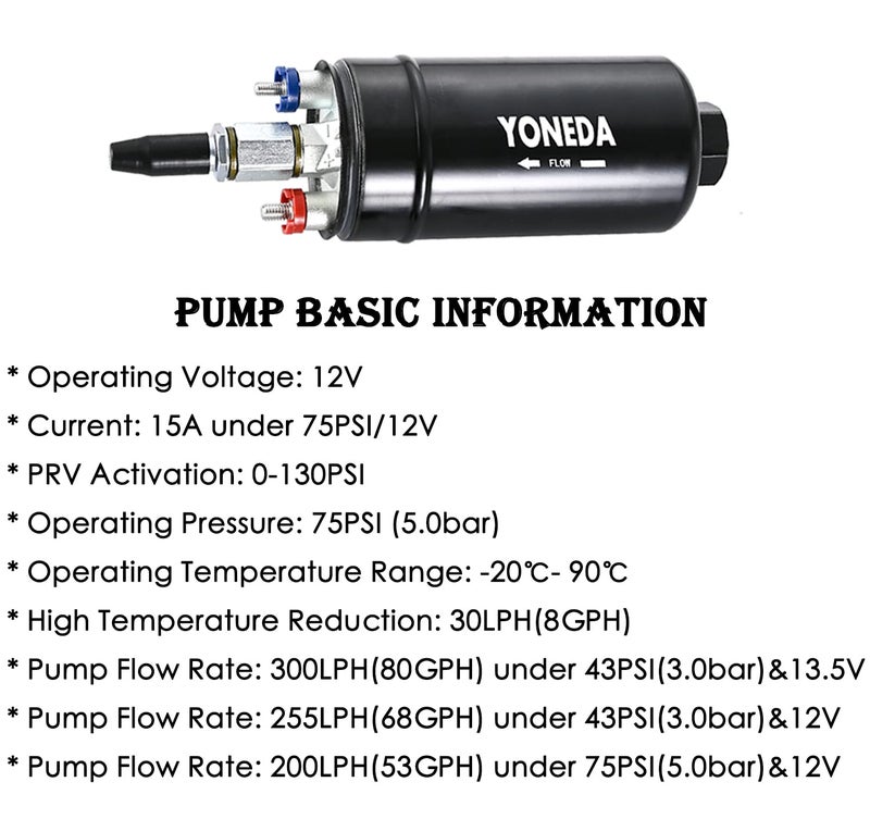 YONEDA High Pressure Fuel Pump Heavy Duty External 12V 300LPH 145PSI High Flow Fit for AN10 Inlet / AN6 Outlet ls swap fuel pump kit - Image 5