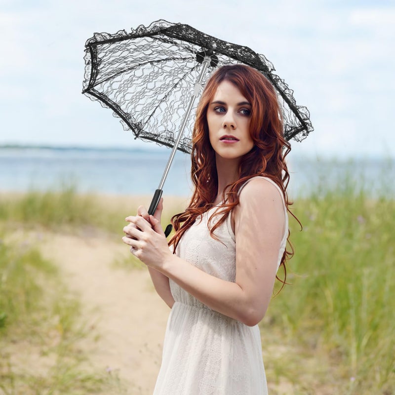 VICASKY Lace Umbrellas for Tea Party Umbrella Women Wedding Guests White Accessories Parasol Parisol Paper Weddings Decor Mini Party 16.5x18 inch Photography Prop Small Craft Bride Black - Image 2