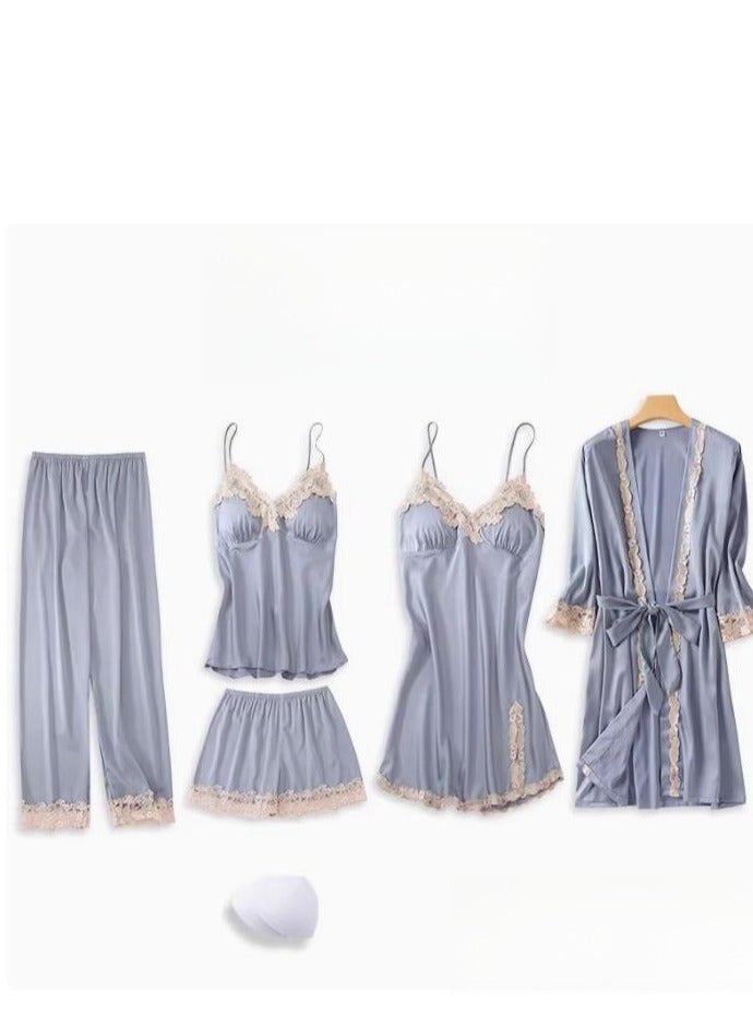 Pajama Women's Ice Silk Five Piece Set With High-End Feel And Chest Cushion Silk Home Suit Set - Image 1