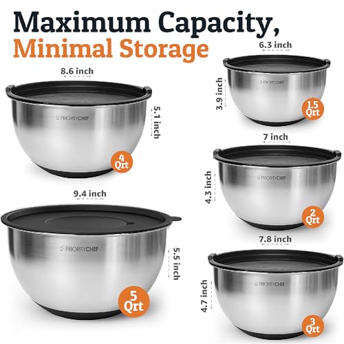 Priority Chef Stainless Steel Mixing Bowls with Lids Set, 3 Grater Attachments, Airtight Lids, Non-Slip Silicone Base Mixing Bowl Set, Large Prep Metal Mixing Bowls for Kitchen, Black - Image 2