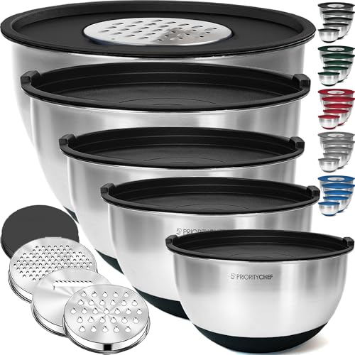 Priority Chef Stainless Steel Mixing Bowls with Lids Set, 3 Grater Attachments, Airtight Lids, Non-Slip Silicone Base Mixing Bowl Set, Large Prep Metal Mixing Bowls for Kitchen, Black - Image 1