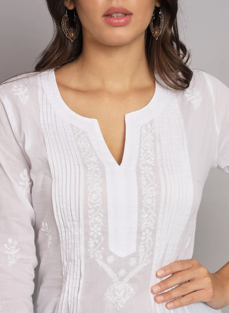 Alaya Hand Embroidered Chikankari Cotton Straight Pleated Tunic-AL1948