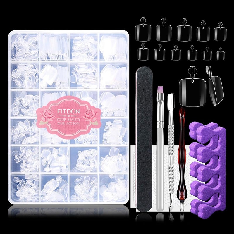 FITDON 480PCS False Toe Nail Tips Clear Acrylic Fake Toenail Tips Full Cover Short Square Artificial Toe nails for Nail Salons and DIY Nail Art