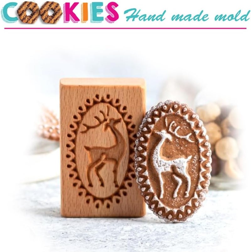 Yangshine 4 Pieces Wooden Cookie Molds Cookie Carved Wood Mold DIY Cookie Stamp Cookie Cutter Funny 3D Press Embossing Mold Floral Pattern Baking Tool Reindeer - Image 5