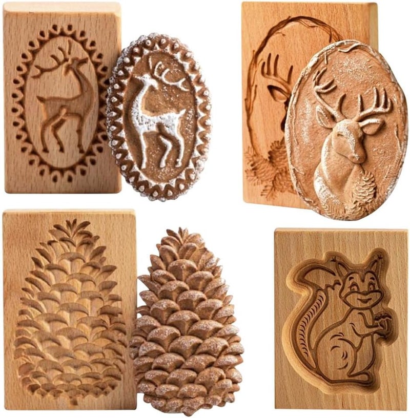 Yangshine 4 Pieces Wooden Cookie Molds Cookie Carved Wood Mold DIY Cookie Stamp Cookie Cutter Funny 3D Press Embossing Mold Floral Pattern Baking Tool Reindeer - Image 1