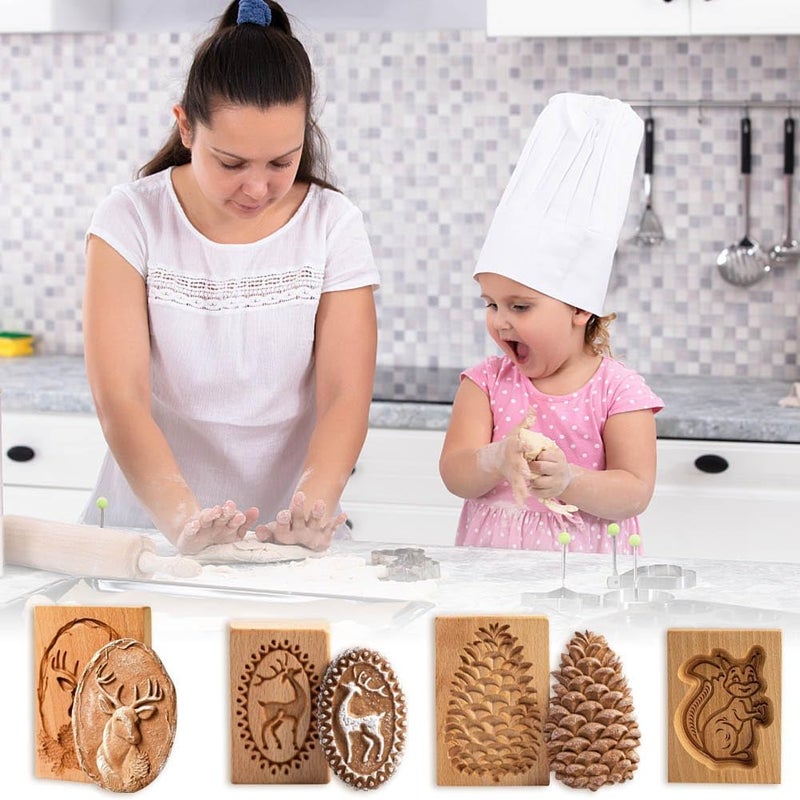Yangshine 4 Pieces Wooden Cookie Molds Cookie Carved Wood Mold DIY Cookie Stamp Cookie Cutter Funny 3D Press Embossing Mold Floral Pattern Baking Tool Reindeer - Image 3