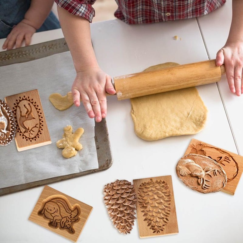Yangshine 4 Pieces Wooden Cookie Molds Cookie Carved Wood Mold DIY Cookie Stamp Cookie Cutter Funny 3D Press Embossing Mold Floral Pattern Baking Tool Reindeer - Image 4