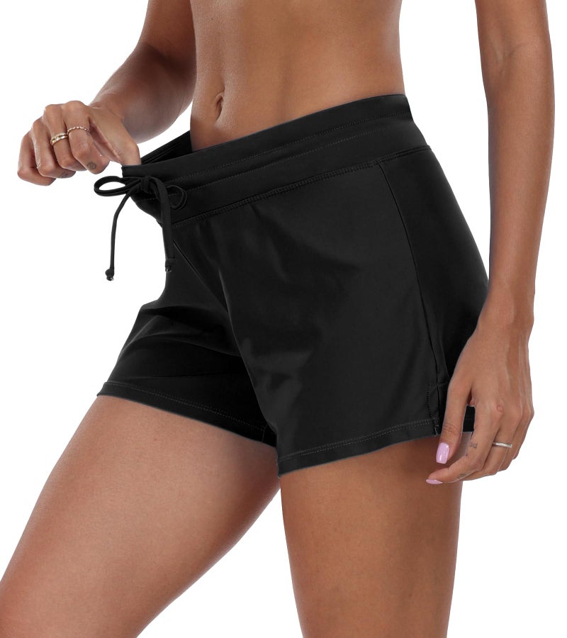 ChinFun Board Shorts Women's Swimswear Tankini Swim Briefs Side Split Swimsuit Bottom Waistband Stretch Boardshorts Beach Trunks Inner Lining Black M - Image 2