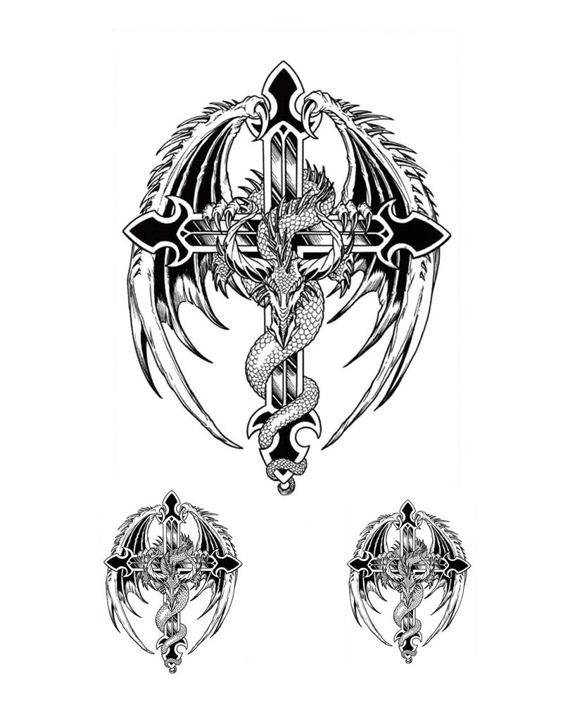 S.A.V.I 3D Temporary Tattoo Black Totem Cross Wings Dragon Design Size 19x12CM - 1PC. - Image 3