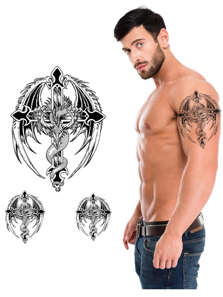 S.A.V.I 3D Temporary Tattoo Black Totem Cross Wings Dragon Design Size 19x12CM - 1PC. - Image 1