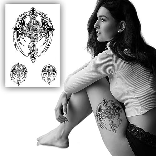 S.A.V.I 3D Temporary Tattoo Black Totem Cross Wings Dragon Design Size 19x12CM - 1PC. - Image 2