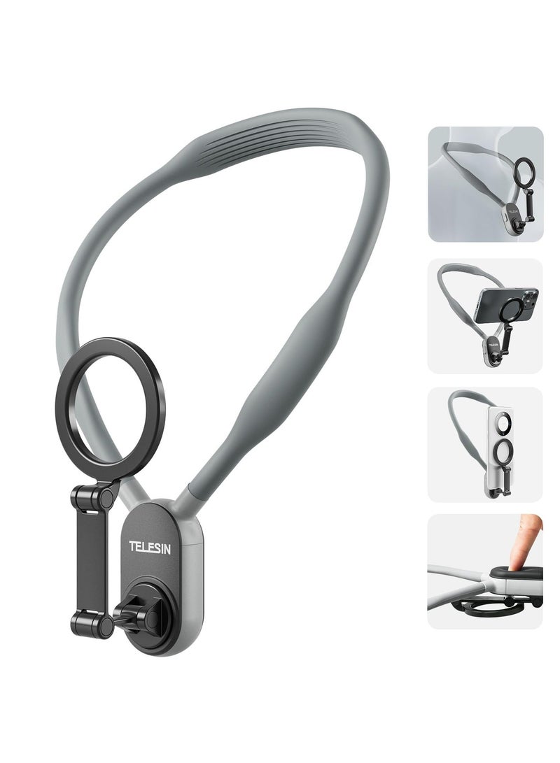 Magnetic Neck Mount for Phones, Neck Cell Phone Holder POV/Vlog Selfie Mount Hand Free Phone Neck Holder Chest Stand Strap Video Recording for iPhone 15 14 13 12 Seires Android Phones (Grey) - Image 1